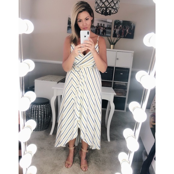 White with Blue & Mustard Stripes Wrap Maxi Dress - Picture 5 of 8